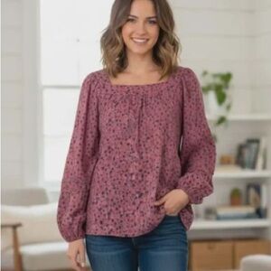LC Lauren Conrad Floral Print Blouse Size L Mauve Square Neck Peasant Cottage